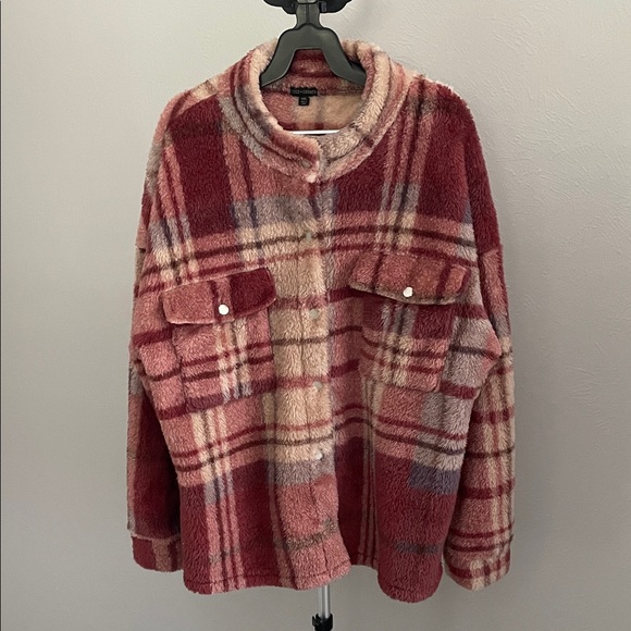 Coco + Carmen Jackets & Blazers - Coco + Carmen Plush Teddy Plaid Jacket in Burgundy and Cream